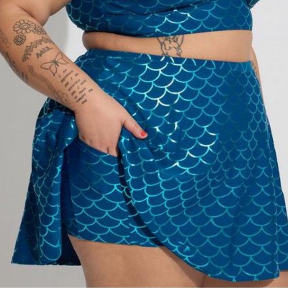 Torrid Blue Mermaid Scale Swim Bottom Skirt with Pocketed Shorts